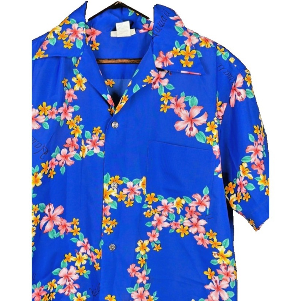 Made in Hawaii Blue Floral Lei Aloha Hawaiian Shirt‎ Large Polyester Style 220